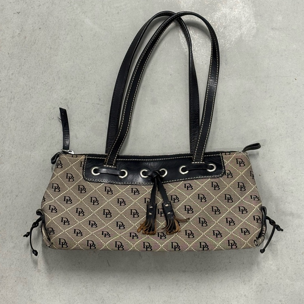 Dooney & Bourke Black and Gray Jacquard Tassel Mini Tote Bag